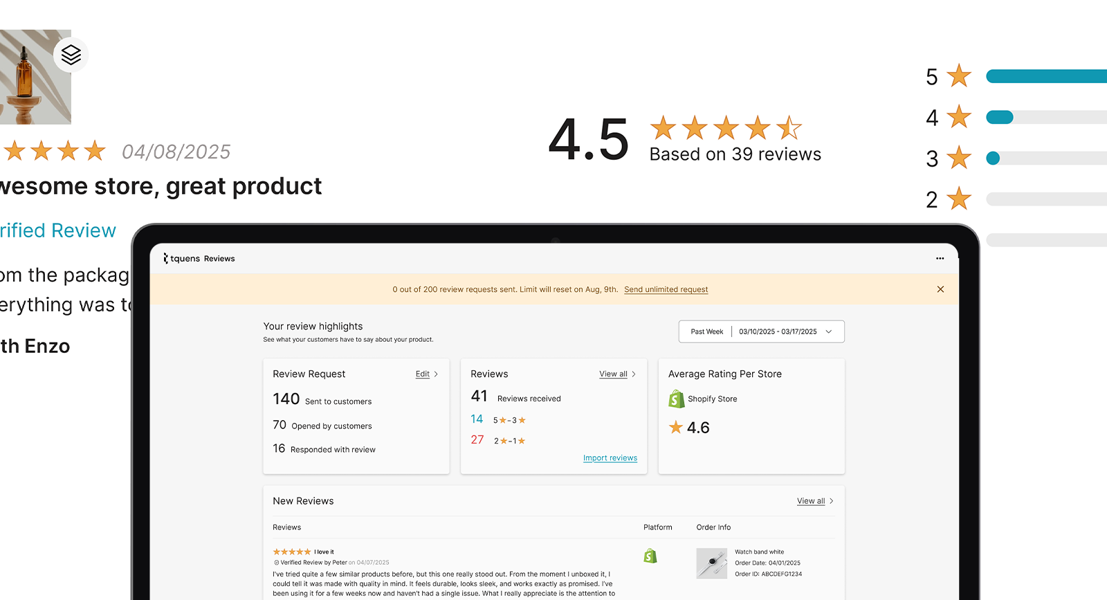 Floating images of widget designs, including Star Rating Badge and Review Widget.