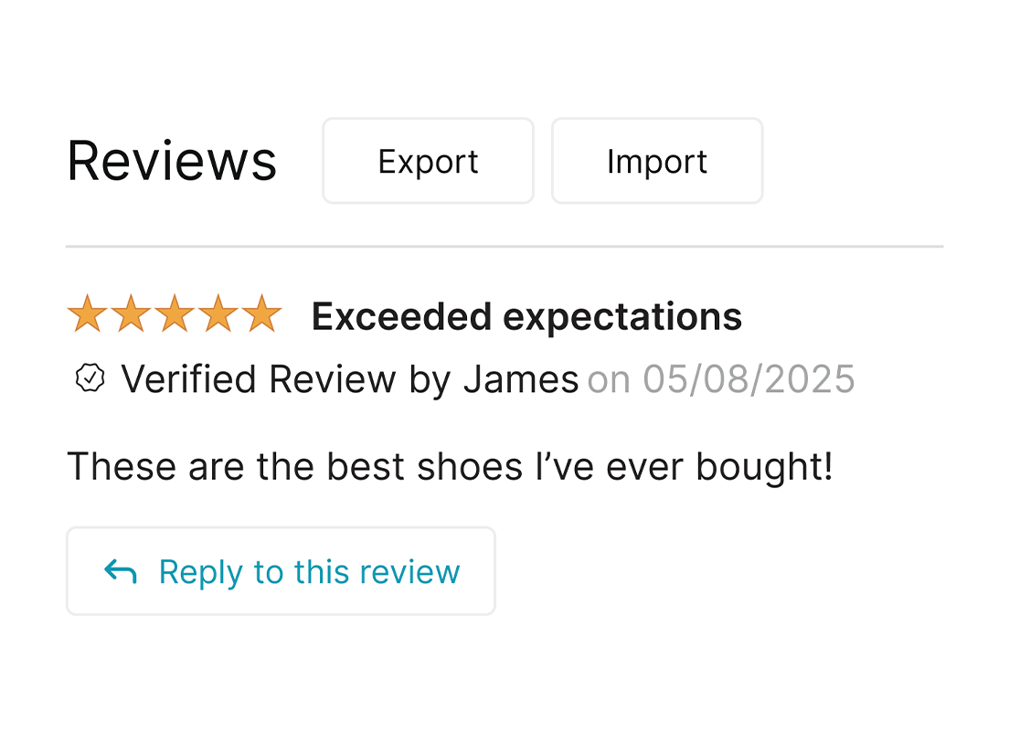 Simplified version of Reviews dashboard showing functions for Export, Import, and Reply to Review.