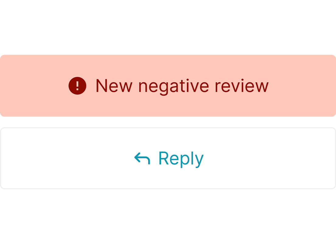 Notification that reads "New negative review". Underneath, a button that reads "Reply".